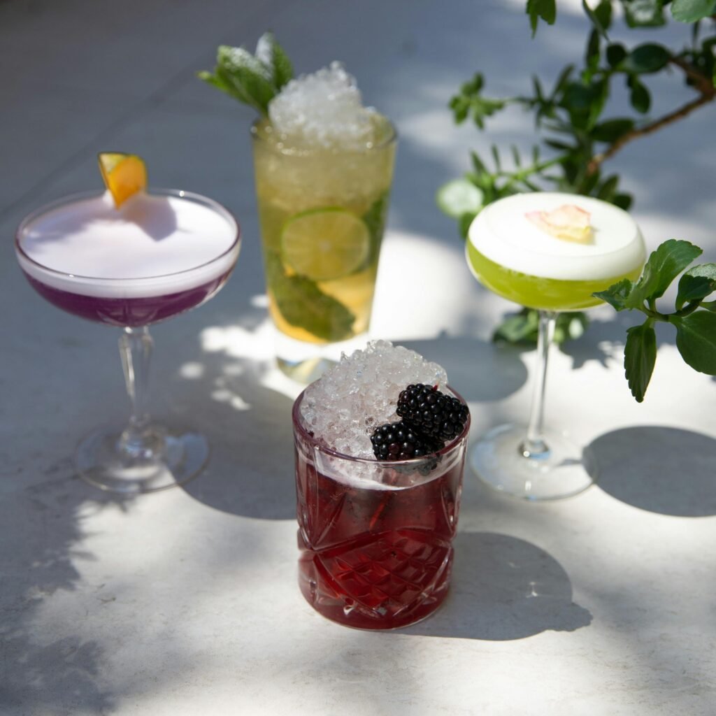 A vibrant selection of assorted cocktails featuring fresh fruits and ice, perfect for refreshing summer moments.